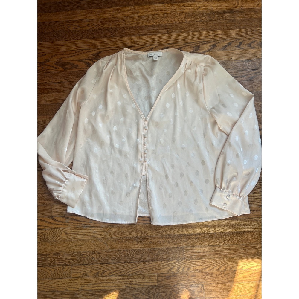 Topshop Champagne Jacquard Polka Dot V-Neck Button Front Blouse US 6